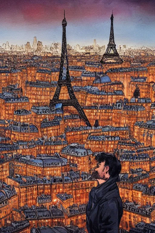 Image similar to in the foreground Paris, in the background a dark-haired man from behind playing with black flames coming out of his hands wearing a long matrix-style jacket, realistic, high definition, many details, dramatic scene, symmetrical face, realistic eyes, art of enki bilal