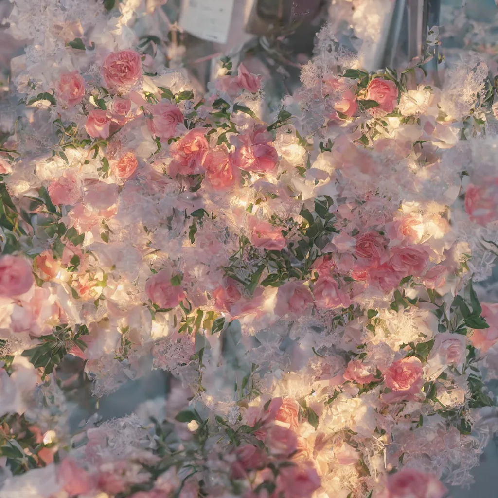 Image similar to cold drinks, ice cream, peach embellishment, books and flowers, trending on makoto shinkai, dreamy, soft, global illumination, radiant light, intricate environment, luminescence, highly detailed, 8 k