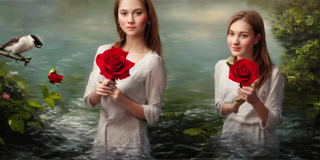 Image similar to portrait of bird holding a rose in a river. hyperrealistic oil painting, 4k, studio lightning, very detailed faces