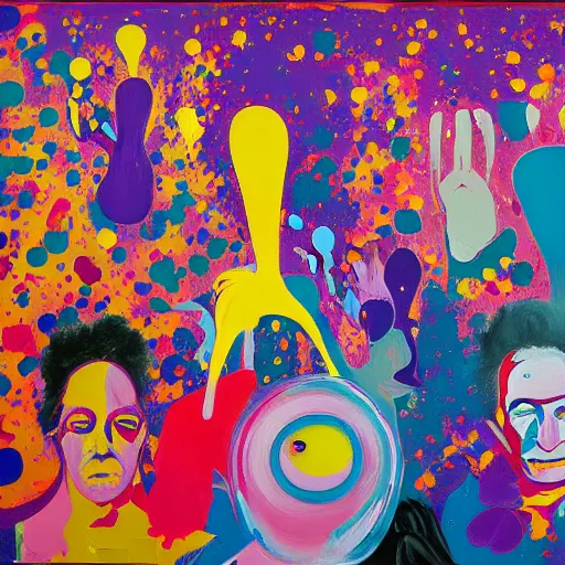 Image similar to people in the crowd, an ultrafine detailed painting by peter max and francis bacon and fiona rae and maryam hashemi and hernan bas and anna mond and max gubler, featured on deviantart, metaphysical painting, neo expressionism, pop surrealism, melting paint, biomorphic, mixed media, photorealistic, dripping paint, palette knife texture, masterpiece