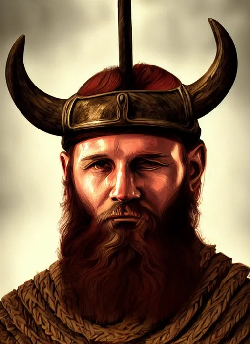 Image similar to viking looking tired, portrait, dramatic light, fierce, digital painting