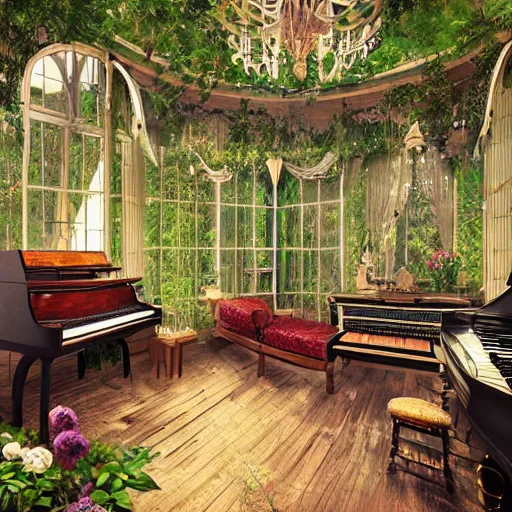 Image similar to a musical-themed bedroom in a victorian greenhouse treehouse. Pianos and instruments are in the bedroom. The bedroom is built in a giant oak tree, ornate, beautiful, atmosphere, vibe, flowers, concept art illustration, Greg rutowski, volumetric lighting, detailed