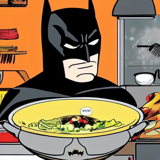 Prompt: batman cooking with a wok pan in a cozy french kitchen, comic book style