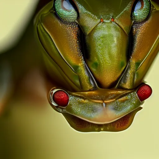 Prompt: an anthropomorphic praying mantis, close - up portrait, in search of prey, brown exoskeleton, ultra detailed, 8 k, trending on artstation, award - winning art