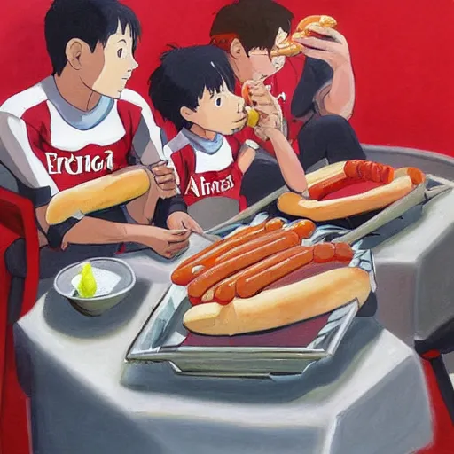 Prompt: a painting portrait of arsenal players eating hot dogs, studio ghibli,