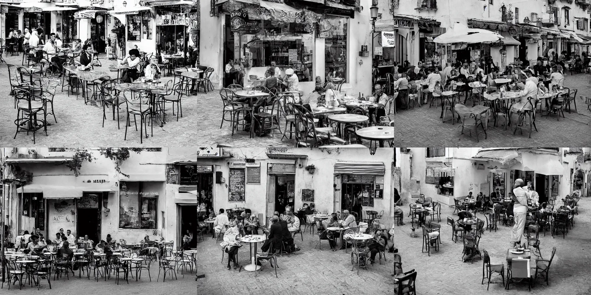 Prompt: Un Lion buvant un café à la terrasse d'un café à Rabat. Street photography, Henri Cartier Bresson.