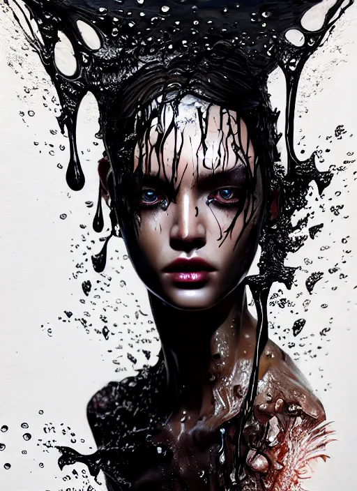 Prompt: fierce wet fashion model, splash, sweat skin, liquid metal, effervescent, black roses, poster art, high detail, intricate oil painting and watercolor, deep mood, hyperrealism, 3 d, by tooth wu and wlop and beeple and greg rutkowski, full body