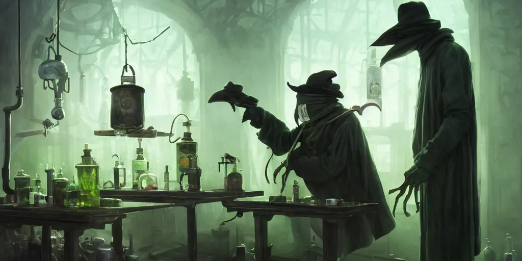 Image similar to a plague doctor and a humanoid rat in a laboratory with lots of flasks filled with magic liquids and green fog, stephen bliss, unreal engine, fantasy art by greg rutkowski, loish, rhads, ferdinand knab, ilya kuvshinov, rossdraws, tom bagshaw, global illumination, radiant soft light, detailed and intricate environment