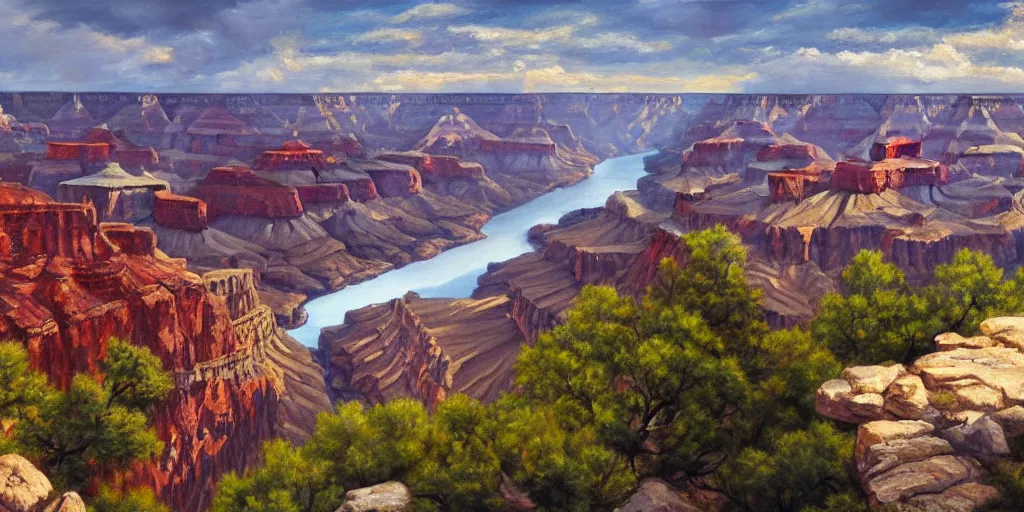 Image similar to The Grand Canyon in Central Park, cinematic lighting, detailed oil painting, hyperrealistic, 8k