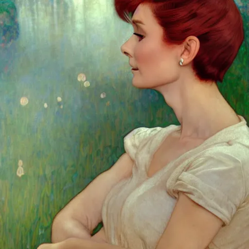 Image similar to Audrey Hepburn with red hair and long pixie haircut in shorts and white shirt drawn by Donato Giancola and Jon Foster, frank frazetta, alphonse mucha, background by James Jean and gustav klimt, 4k, volumetric lighting, french nouveau, trending on artstation, octane render, hyperrealistic