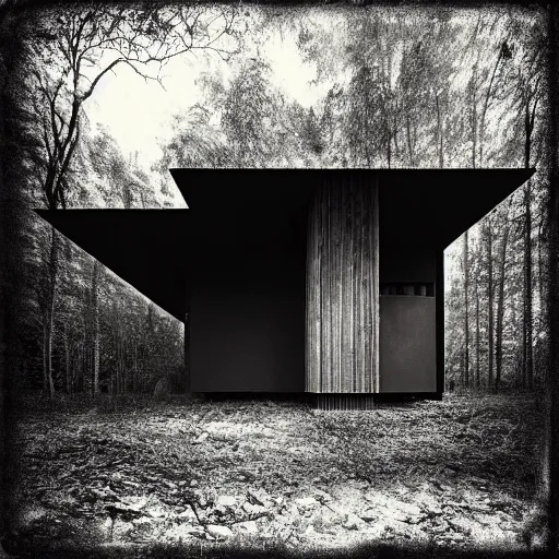 Prompt: hyperrealistic highly detailed modern house 3 / 4 by peter zhumtor in the tropical wood, mystic, melancholy, pinhole analogue photo quality, lomography, scratches on photo, noise effect, blur effect, black and white color photograph, photorealistic shot, monochrome
