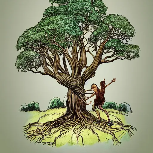 Image similar to a tall tree with arms, legs, and a beard holding two hobbits in his hand while in a forest surrounded by tall trees, illustrated by J.R.R Tolkien