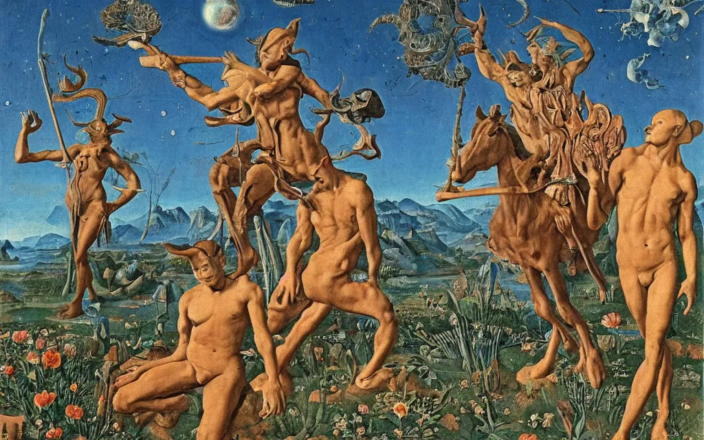 Image similar to a portrait photograph of a meditating satyr and a centaur monk riding a rocket machine and hunting at a river delta. surrounded by bulbous flowers and trees. mountain range under a blue sky of fiery stars. by jan van eyck, max ernst, ernst haeckel, ernst fuchs and artgerm, cgsociety, fashion editorial, 8 k