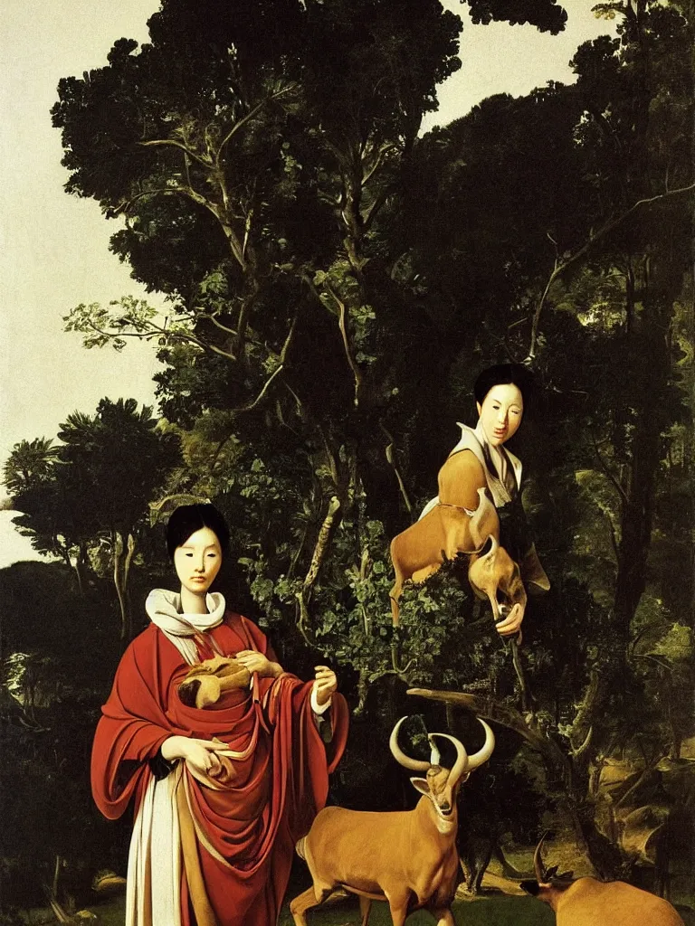 Image similar to Portrait of oriental woman with an antelope. Landscape with trees in the fog. Painting by Caravaggio