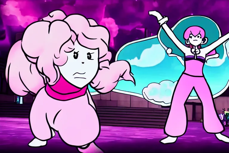 Prompt: rose quartz from steven universe is the blackened, danganronpa trial screenshot, from a video sequence, intense lighting