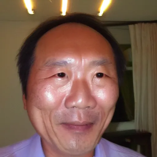 Prompt: my Japenese dad accidentally taking a selfie with the front camera, smiling, squinting his eyes because the camera flash is so bright in his face