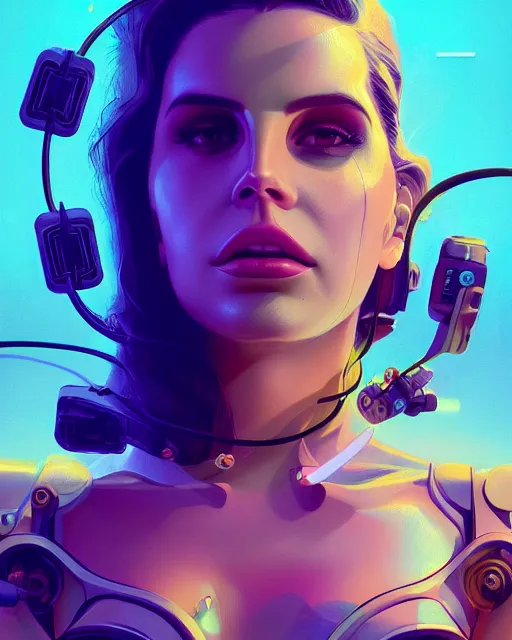 Image similar to portrait of lana del rey as a cyborg. intricate abstract. intricate artwork, by tooth wu, wlop, beeple, dan mumford. concept art, octane render, trending on artstation, greg rutkowski very coherent symmetrical artwork. cinematic, key art, hyper realism, high detail, octane render, 8 k, iridescent accents