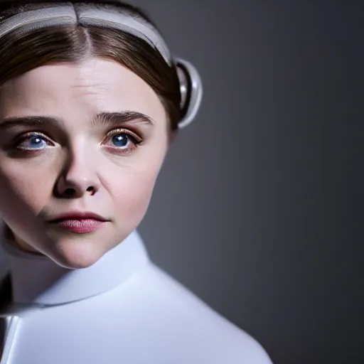 Prompt: Adult Chloe Moretz as Princess Leia, XF IQ4, 150MP, 50mm, F1.4, ISO 400, 1/160s, natural light