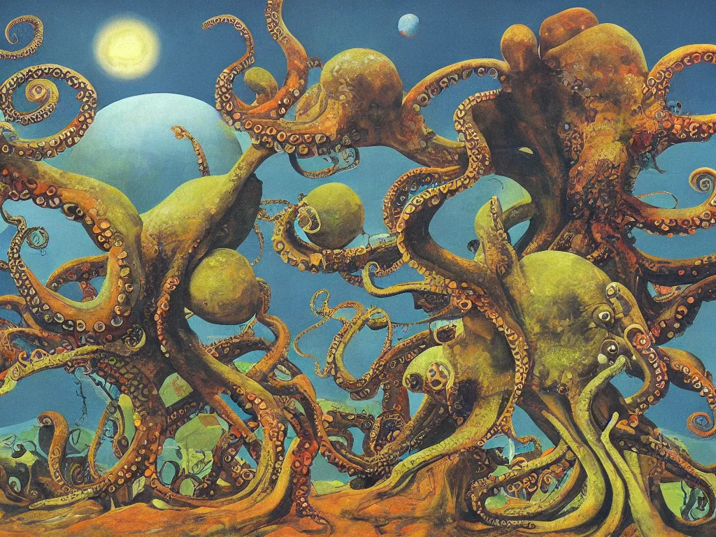 Prompt: The world as seen by an octopus. Painting by Roger Dean, Bosch.