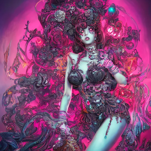 Prompt: the portrait of chaotic evil fallen sensual colorful female necromancer overlord as absurdly beautiful, gorgeous, young idol, an ultrafine hyperdetailed illustration by kim jung gi, irakli nadar, intricate linework, bright colors, octopath traveler, final fantasy, unreal engine 5 highly rendered, global illumination, radiant light, detailed and intricate environment