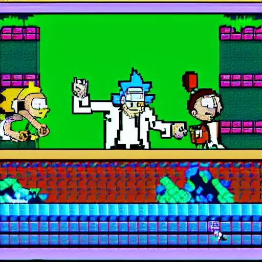 Image similar to Rick and Morty as characters in SNES Super Mario Bros, pixelated, 8bit, jumping