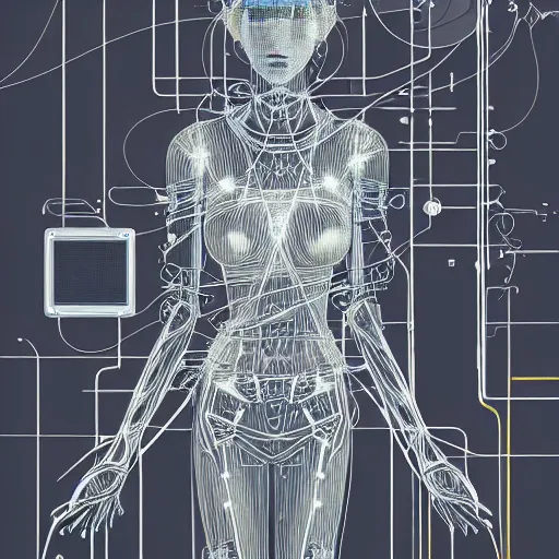 Prompt: a beautiful body of a pilot woman partially made of wires and electronic circuits, an ultrafine detailed illustration by james jean, final fantasy, intricate linework, bright colors, behance contest winner, vanitas, angular, altermodern, unreal engine 5 highly rendered, global illumination, radiant light, detailed and intricate environment