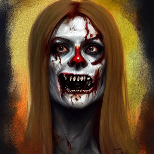 Image similar to color head portrait of katarina radivojevic grinning as a zombie, 7 days to die zombie, gritty background, fine art, award winning, intricate, elegant, sharp focus, cinematic lighting, digital painting, 8 k concept art, art by michael hussar, art by brom, art by guweiz and z. w. gu, 8 k