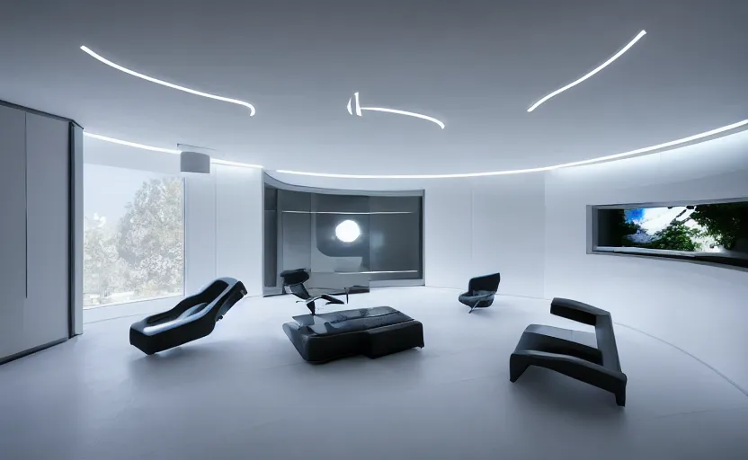 Image similar to futuristic minimalist living room, surreal, coherent composition, architecturally accurate, architecture photography, 8 k