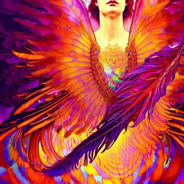 Image similar to psychedelic transcendent feather mind bending psychedelic wings of glossy liquid honey flowing like kaleidoscopic translucent holograph, lsd feathers, feathery fluff, enlightenment, high contrast dappled lighting, refracted sunset, highly detailed, concept art, art by collier, albert aublet, krenz cushart, artem demura, alphonse mucha