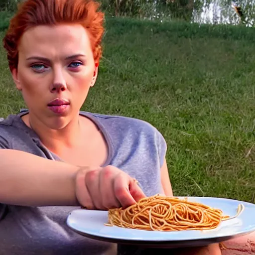 Image similar to fat scarlett johansson sitting in truck bed eating spaghetti