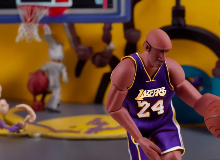 Image similar to cinematic screenshot of a stop motion claymation film about a wacky adventure starring kobe bryant, shallow depth of field, 1 8 mm, f 1. 8