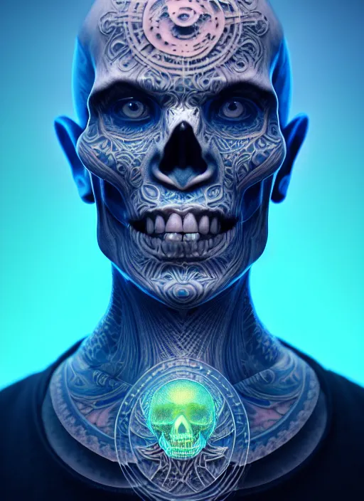 Image similar to 3 d shaman with tattoos profile portrait, sigma 5 0 0 mm f / 5. beautiful intricate highly detailed skull. bioluminescent, plasma, frost, water, wind, creature, gradient background, thunderstorm! artwork by tooth wu and wlop and beeple and greg rutkowski, 8 k trending on artstation,