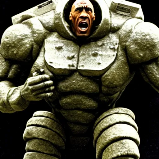 Prompt: the rock as a stone golem, colonial marine, still from the movie aliens