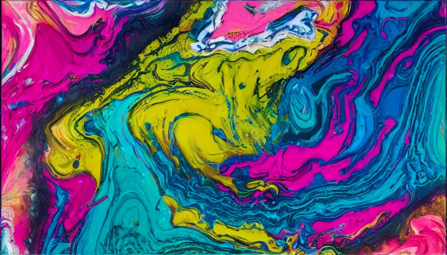 Image similar to acrylic paint pour, marbling, very detailed, large white border, 144x144 canvas, hd, high resolution print :1 Cyan, Pink, White, Yellow and Black :1