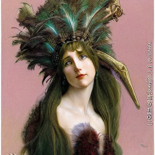 Image similar to a detailed portrait of a green haired queen of feathers with an antler crown by wayne barlowe and mucha