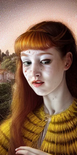 Image similar to young woman, full covering intricate detailed dress, serene smile, surrounded by golden firefly lights amidst nature, long red hair, precise linework, accurate green eyes, small nose with freckles, beautiful smooth oval shape face, empathic, expressive emotions, dramatic lights spiritual scene, hyper realistic ultrafine art by artemisia gentileschi, jessica rossier, boris vallejo