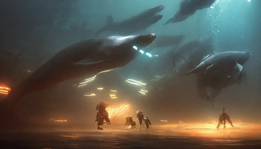 Prompt: underwater walking military mechs, glowing lights, whales, light, shadows, rippling reflections, epic composition, intricate, elegant, volumetric lighting, digital painting, highly detailed, artstation, sharp focus, illustration, concept art, ruan jia, steve mccurry