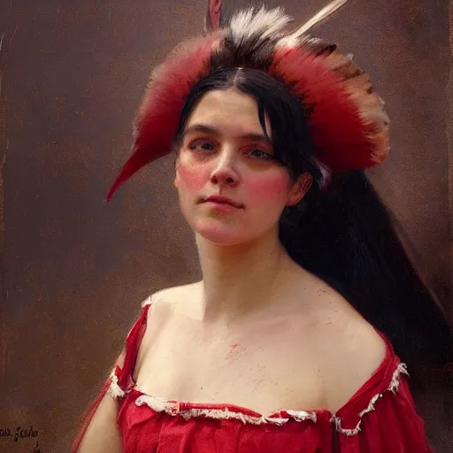 Image similar to Solomon Joseph Solomon and Richard Schmid and Jeremy Lipking victorian genre painting portrait painting of a happy young beautiful woman traditional american indian actress model old west character in fantasy costume, red background