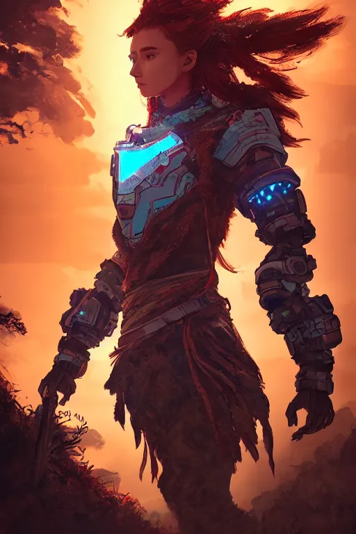 Image similar to combination suit armor aloy horizon forbidden west horizon zero dawn radiating a glowing aura global illumination ray tracing hdr fanart arstation by ian pesty and alena aenami artworks in 4 k tribal robot ninja mask helmet backpack