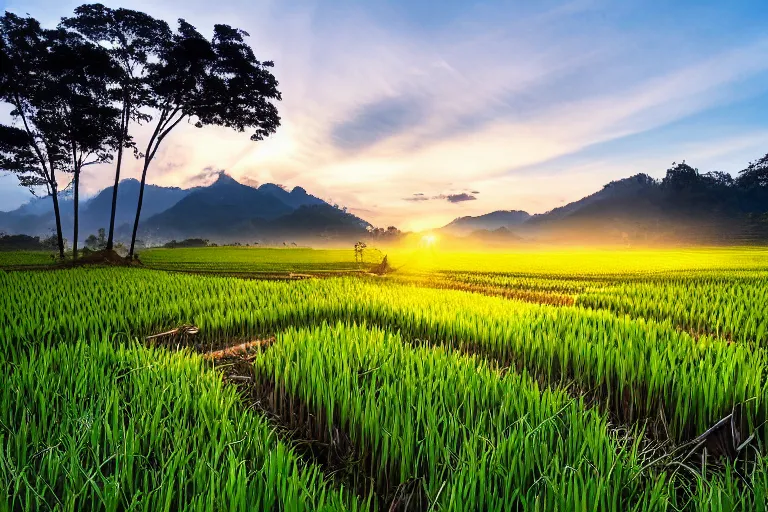 Prompt: a beautiful landscape photography of Gunung Jerai, Yan, Malaysia with a paddy field, cinematic lighting, wide angle,sunrise, award winning, photo realism