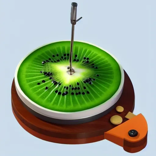 Image similar to a funny turntable with a needle on top of kiwi slice, a low poly render by tim biskup, featured on polycount, computer art, sketchfab, rendered in maya, voxel art