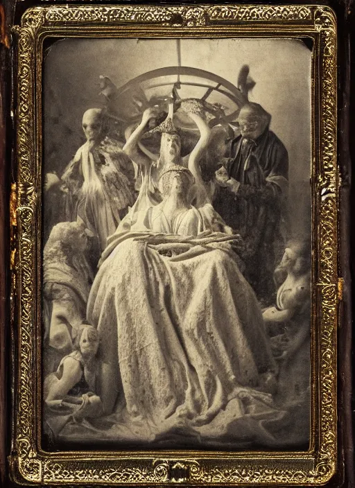 Prompt: old wetplate daguerreotype portrait of birth of lady justice, explosion of data fragments, fractal, intricate, elegant, highly detailed, parallax, leica, medium format, subsurface scattering, by jheronimus bosch and greg rutkowski and louis jacques mande daguerre