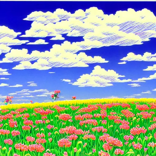 Prompt: a beautiful painting of a field of flowers atop a plateau overlooking a large beach by hiroshi nagai and hirohiko araki, detailed line art, vaporwave color scheme