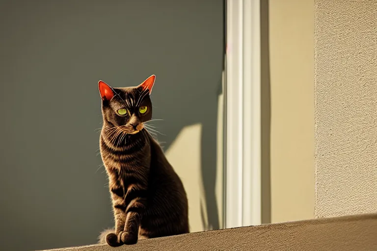 Image similar to vfx film closeup, cat on a window ledge, flat color profile low - key lighting award winning photography arri alexa cinematography, hyper real photorealistic cinematic, atmospheric cool colorgrade