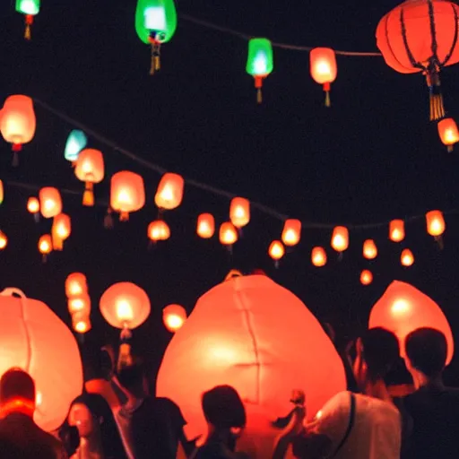 Image similar to a tiny night club with five red chinese lanterns, people's silhouettes close up, wearing white t - shirts that glow in the dark, minimalism, darkness