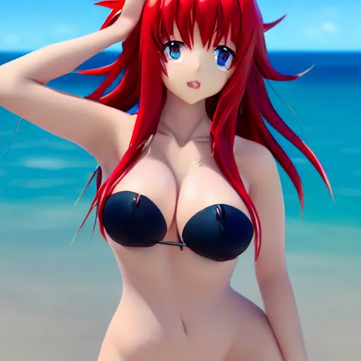 Prompt: rias gremory, very beautiful anime girl, long red hair, stunning eyes, cute freckles, full round face, short smile, cute bikini, golden hour, serene beach setting, medium shot, mid-shot, highly detailed, trending on Artstation, Unreal Engine 4k