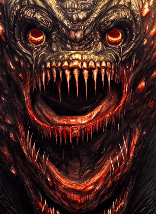 Image similar to close up portrait of an evil monster of hell, evil eyes, sharp disgusting teeth, screaming, scary as hell, sinister, bad vibes, oil painting by tomasz jedruszek, cinematic lighting, pen and ink, intricate line, hd, 4 k, million of likes, trending on artstation