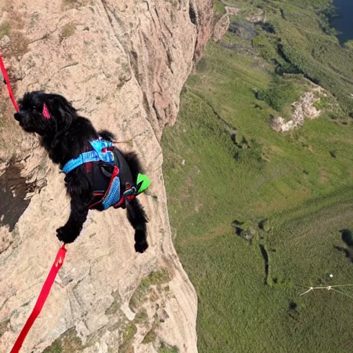 Prompt: a hairy dog with a big parachute jumping from a cliff