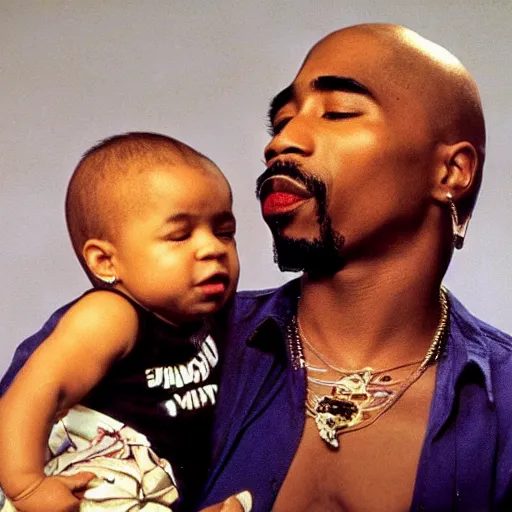 Image similar to photo of 2 pac taking care of my white caucasian baby, the baby is white you stupid ai.