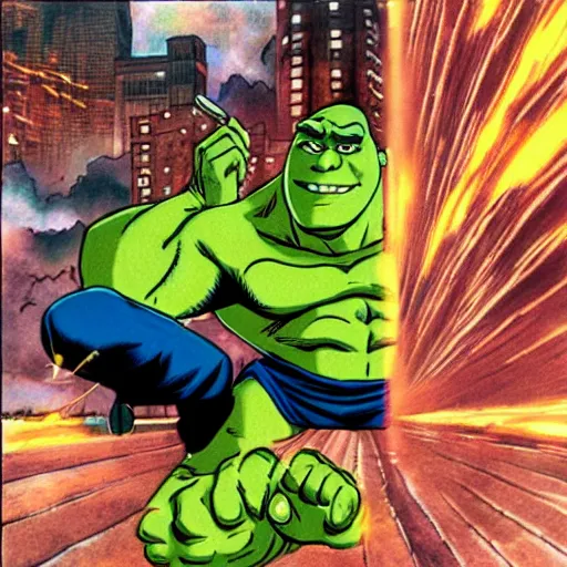 Image similar to shrek fighting the incredible hulk, anime, akira toriyama